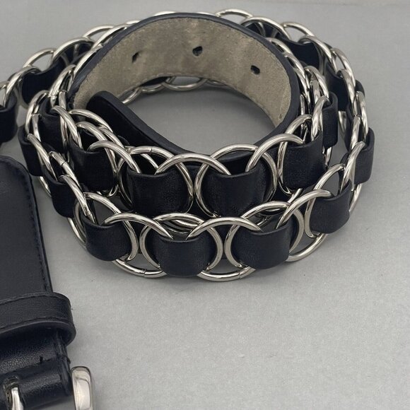 Women's Interlocking Black Leather Belt Adjustable Buckle Closure 52 Inches - Picture 4 of 8